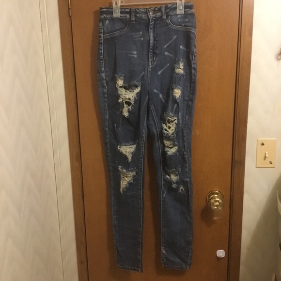 Fashion Nova Denim - Fashion Nova Medium Wash High Waisted Destroyed Paint Splatter Skinny Jeans 7